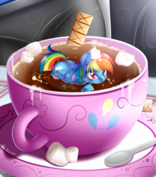 Size: 1235x1400 | Tagged: safe, artist:knifeh, rainbow dash, pegasus, pony, g4, bubble, chocolate, cream, cup, cup of pony, cute, cutie mark, dashabetes, female, food, hot chocolate, mare, marshmallow, micro, pinkie pie's cutie mark, signature, solo, swimming, tiny ponies, wet, wet mane, wings