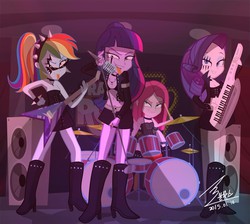 Size: 1000x897 | Tagged: safe, artist:bluse, pinkie pie, rainbow dash, rarity, twilight sparkle, equestria girls, rainbow rocks, band, belly button, breasts, cross, drums, electric guitar, female, goth, gothity, guitar, keytar, metal, microphone, musical instrument, pinkamena diane pie, show accurate, tongue out