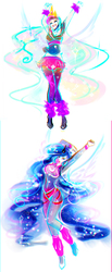 Size: 2222x5400 | Tagged: safe, artist:koveliana, princess celestia, princess luna, human, g4, 80's fashion, chromatic aberration, color porn, humanized