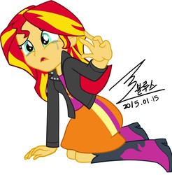 Size: 900x916 | Tagged: safe, artist:bluse, sunset shimmer, equestria girls, g4, my little pony equestria girls: rainbow rocks, background removed, crying, female, heartbreak, incorrect hand anatomy, kneeling, sad, show accurate, signature, simple background, solo, sunsad shimmer, white background