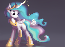 Size: 1467x1070 | Tagged: safe, artist:subjectnumber2394, princess celestia, alicorn, pony, g4, best princess, coffee, cutie mark, ethereal mane, ethereal tail, female, flowing mane, flowing tail, glowing horn, hoof shoes, horn, levitation, lidded eyes, magic, magic aura, mare, mug, multicolored mane, multicolored tail, purple eyes, raised hoof, royalty, small wings, solo, sparkles, telekinesis