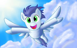 Size: 1024x640 | Tagged: safe, artist:datfriskypickle, soarin', g4, cloud, cloudy, flying, flying at you, happy, looking at you, sky