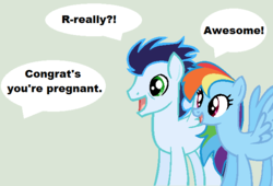 Size: 617x420 | Tagged: safe, artist:oceanfireflywriter, rainbow dash, soarin', g4, alternate hairstyle, derail in the comments, dialogue, female, grammar error, male, pregnant, ship:soarindash, shipping, shitstorm, speech bubble, straight