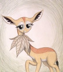 Size: 839x952 | Tagged: safe, artist:thefriendlyelephant, oc, oc only, oc:nuk, antelope, gerenuk, animal in mlp form, big ears, big eyes, leaf, lidded eyes, long neck, solo, traditional art