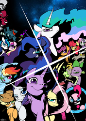 Size: 2893x4092 | Tagged: dead source, safe, artist:inkypsycho, apple bloom, applejack, discord, fluttershy, king sombra, lord tirek, pinkie pie, princess cadance, princess celestia, princess luna, queen chrysalis, rainbow dash, rarity, scootaloo, shining armor, spike, sweetie belle, twilight sparkle, alicorn, earth pony, pegasus, pony, unicorn, g4, cutie mark crusaders, eyecatch, female, horn, looking at you, mane seven, mane six, mare, open mouth, party cannon, pony cannonball, row row fight tha powah, smiling, style emulation, tengen toppa gurren lagann, twilight sparkle (alicorn), wings