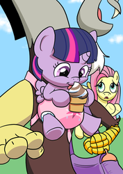 Size: 883x1248 | Tagged: safe, artist:artiecanvas, discord, fluttershy, twilight sparkle, alicorn, pony, g4, age regression, artiecanvas is trying to murder us, baby, baby bottle, baby carrier, baby pony, babylight sparkle, bag, cute, diaper, diaper bag, filly, filly twilight sparkle, foal, ice cream, poofy diaper, twiabetes, twilight sparkle (alicorn), weapons-grade cute