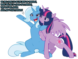 Size: 1024x780 | Tagged: safe, artist:duskyamore, edit, trixie, twilight sparkle, alicorn, pony, g4, dialogue, female, friendshipping, mare, simple background, transparent background, twilight sparkle (alicorn), yelling