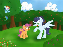 Size: 1279x960 | Tagged: safe, artist:lortstreet54, rainbow dash, scootaloo, soarin', fanfic:head in the clouds, g4, fanfic, female, male, mentoring, scootalove, ship:soarindash, shipping, straight, teaching