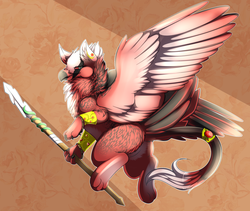 Size: 1280x1082 | Tagged: safe, artist:camychan, oc, oc only, oc:choya, griffon, velociraptor, female, fluffy, flying, paws, solo, spear, spread wings, weapon