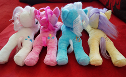 Size: 1000x613 | Tagged: safe, artist:wolflessnight, lemon drop, linky, pinkie pie, shoeshine, twinkleshine, earth pony, pony, unicorn, g1, g4, background pony, beanie (plushie), female, g1 to g4, generation leap, irl, mare, photo, plushie