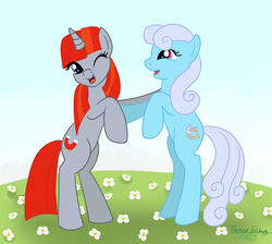 Size: 1515x1357 | Tagged: safe, artist:grapetonic, linky, magnet bolt, shoeshine, earth pony, pony, unicorn, g4, bipedal, cute, duo, female, flower, horn, laughing, lesbian, magnetshine, mare, shipping, smiling, wink