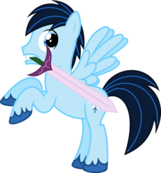 Size: 6400x6869 | Tagged: safe, artist:parclytaxel, oc, oc only, oc:star blade, pegasus, pony, .svg available, absurd resolution, looking back, male, mouth hold, prancing, simple background, solo, stallion, sword, transparent background, unshorn fetlocks, vector, weapon