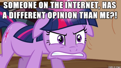 Size: 610x343 | Tagged: safe, twilight sparkle, g4, angry, image macro, meme, opinion