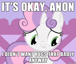 Size: 610x516 | Tagged: safe, sweetie belle, g4, blatant lies, bronybait, cute, diasweetes, female, frown, image macro, looking down, meme, sad, solo