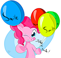 Size: 4666x4444 | Tagged: safe, artist:ando, pinkie pie, g4, absurd resolution, balloon, female, looking at you, one eye closed, smiling, solo, wink