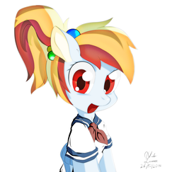 Size: 3200x3111 | Tagged: safe, artist:ando, rainbow dash, anthro, g4, anime, bubble, clothes, cute, female, high res, looking at you, necktie, open mouth, red eyes, school uniform, schoolgirl, smiling, solo