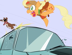 Size: 1300x1000 | Tagged: source needed, safe, artist:silence, applejack, gummy, pinkie pie, winona, g4, broken glass, car, clothes, fusion, gunshot, jumping, open mouth, smiling, van, wat