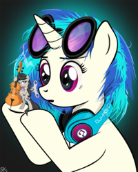 Size: 839x1049 | Tagged: dead source, safe, artist:dsana, dj pon-3, octavia melody, vinyl scratch, earth pony, pony, unicorn, g4, cello, clockwork, female, headphones, holding a pony, horn, lesbian, magenta eyes, metajoker, micro, musical instrument, ship:scratchtavia, shipping, size difference, toy, wind up key