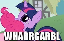 Size: 600x391 | Tagged: safe, screencap, pinkie pie, twilight sparkle, earth pony, pony, unicorn, feeling pinkie keen, g4, artifact, dilated pupils, female, image macro, mare, meme, nose wrinkle, solo focus, tail, tail on face, wharrgarbl, wide eyes