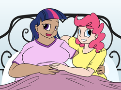 Size: 1280x951 | Tagged: dead source, safe, artist:bigponiesinc, pinkie pie, twilight sparkle, human, ask feedee twilight, g4, bed, bedroom eyes, breasts, busty pinkie pie, busty twilight sparkle, chubby, cuddling, fat, female, humanized, in bed, lesbian, ship:twinkie, shipping, snuggling, twilard sparkle