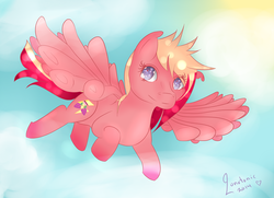 Size: 3600x2600 | Tagged: safe, artist:lonotonic, oc, oc only, oc:berry blast, flying, high res, solo