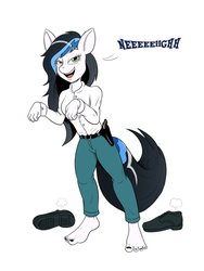 Size: 774x1032 | Tagged: source needed, useless source url, safe, artist:majikkumausuii, artist:mintymousyxfce, oc, oc only, oc:mia drago, earth pony, anthro, plantigrade anthro, anthro oc, barefoot, clothes, detective, feet, female, mare, neigh, officer, playing, police, shoes, teasing, toes, uniform