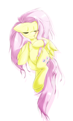 Size: 600x1000 | Tagged: safe, artist:ushiro no kukan, fluttershy, g4, cute, eyes closed, female, long mane, long tail, pixiv, simple background, solo, tail, white background