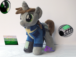 Size: 4139x3104 | Tagged: safe, artist:kiashone, oc, oc only, oc:littlepip, pony, unicorn, fallout equestria, clothes, fanfic, female, horn, irl, jumpsuit, mare, photo, pipbuck, plushie, solo, vault suit