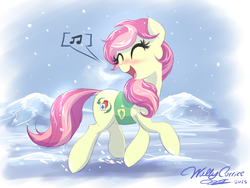 Size: 1480x1110 | Tagged: safe, artist:walliscolours, oc, oc only, oc:five of cloves, earth pony, pony, g4, winter wrap up, clothes, female, happy, mare, music notes, plant team, singing, snow, snowfall, solo, vest, walking, winter, winter wrap up vest