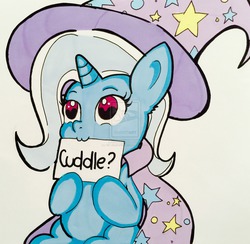 Size: 2441x2386 | Tagged: safe, artist:mr-skyliner34, trixie, pony, unicorn, g4, :3, female, high res, mare, mouth hold, sign, solo, traditional art
