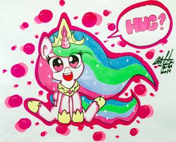 Size: 2723x2202 | Tagged: safe, artist:mr-skyliner34, princess celestia, g4, cewestia, cute, female, filly, happy, high res, solo, traditional art