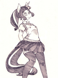 Size: 887x1200 | Tagged: safe, artist:yachimata, twilight sparkle, anthro, g4, alternate hairstyle, clothes, female, monochrome, pencil drawing, ponytail, school uniform, socks, solo, stockings, thigh highs, traditional art