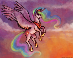 Size: 1235x976 | Tagged: safe, artist:fjording, princess celestia, alicorn, pony, g4, cloud, female, flying, mare, solo