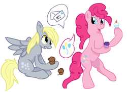 Size: 1189x866 | Tagged: safe, artist:shamrock, derpy hooves, pinkie pie, pegasus, pony, g4, cupcake, female, mare, muffin