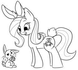 Size: 969x881 | Tagged: safe, artist:shamrock, angel bunny, fluttershy, g4, bunny ears, easter, easter egg, egg, monochrome