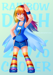 Size: 900x1273 | Tagged: safe, artist:nephiam, rainbow dash, human, g4, clothes, female, humanized, rainbow socks, socks, solo, striped socks, winged humanization