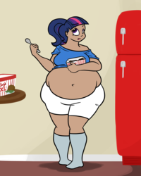 Size: 1000x1250 | Tagged: dead source, safe, artist:bigponiesinc, twilight sparkle, human, ask feedee twilight, g4, bbw, belly, belly button, big belly, clothes, fat, feedee, hips, humanized, ice cream, midriff, muffin top, obese, refrigerator, shorts, socks, spoon, thighlight sparkle, tumblr, twilard sparkle, wide hips