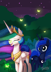 Size: 955x1351 | Tagged: safe, artist:mysticalpha, princess celestia, princess luna, alicorn, firefly (insect), pony, g4, eyes closed, female, happy, mare, open mouth