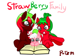 Size: 1600x1200 | Tagged: safe, artist:potzm, oc, oc only, oc:strawberry fondue, oc:strawberry milkshake, oc:strawberry twist, book, family