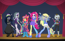 Size: 2085x1322 | Tagged: safe, artist:reitanna-seishin, apple bloom, derpy hooves, limestone pie, marble pie, pinkie pie, oc, oc:minkie pie, fanfic:muffins, equestria girls, g4, my little pony equestria girls: rainbow rocks, boots, equestria girls-ified, fanfic art, hair over one eye, ponied up, shoes