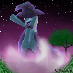 Size: 2000x2000 | Tagged: safe, artist:dreamyartcosplay, trixie, pony, unicorn, g4, bipedal, female, high res, mare, night, solo, stars, trixie's cape, trixie's hat