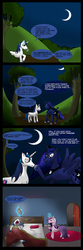 Size: 1000x3029 | Tagged: safe, artist:gildedowl, princess cadance, princess luna, shining armor, alicorn, pony, unicorn, g4, angry, bed, cinder block, comic, dream, dream walker luna, female, glowing horn, horn, infidelity, levitation, magic, magic abuse, magic aura, male, mare, open mouth, stallion, telekinesis, this will end in death, this will end in divorce, this will end in pain, this will not end well, tongue out, zzz