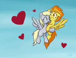 Size: 583x444 | Tagged: safe, artist:xwreathofroses, derpy hooves, spitfire, pegasus, pony, g4, derpfire, duo, female, heart, hug, lesbian, mare, shipping