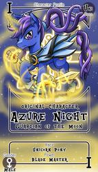 Size: 800x1399 | Tagged: safe, artist:vavacung, oc, oc only, oc:azure night, pony, unicorn, armor, card, commission, horn, male, pactio card, solo, stallion, sword, unicorn oc
