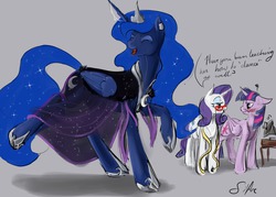 Size: 1280x914 | Tagged: safe, artist:silfoe, princess luna, rarity, twilight sparkle, alicorn, pony, unicorn, royal sketchbook, g4, ask, blushing, clothes, dancing, do the sparkle, dress, earring, eyes closed, female, floppy ears, frown, glasses, glasses rarity, horn, horn jewelry, implied lesbian, implied shipping, implied twiluna, jewelry, mare, measuring tape, music notes, open mouth, raised hoof, raised leg, smiling, tumblr, twilight sparkle (alicorn), unamused