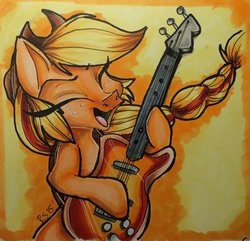 Size: 400x385 | Tagged: safe, artist:tinyunicornfarm, applejack, g4, bass guitar, electric guitar, female, guitar, musical instrument, solo, traditional art