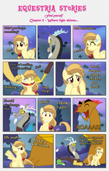 Size: 2429x3824 | Tagged: safe, artist:estories, discord, oc, oc:alice goldenfeather, draconequus, hydra, pegasus, pony, comic:find yourself, g4, comic, face pull, high res, multiple heads, stretching