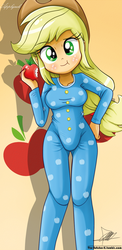 Size: 645x1321 | Tagged: safe, artist:the-butch-x, applejack, human, equestria girls, g4, apple, beautiful, beautiful x, clothes, cute, female, footed sleeper, hand on hip, jackabetes, onesie, pajamas, solo