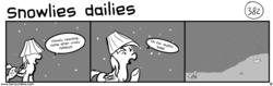 Size: 1280x404 | Tagged: safe, artist:tetrapony, derpy hooves, pegasus, pony, comic:the daily derp, g4, comic, female, hat, lampshade, lampshade hat, mare, monochrome, snow, snowfall