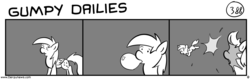 Size: 1280x404 | Tagged: safe, artist:tetrapony, derpy hooves, dinky hooves, pegasus, pony, comic:the daily derp, g4, bubblegum, comic, female, mare, monochrome